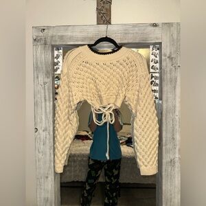 Fashion Nova Cream Knit Sweater with Lace-Up Back